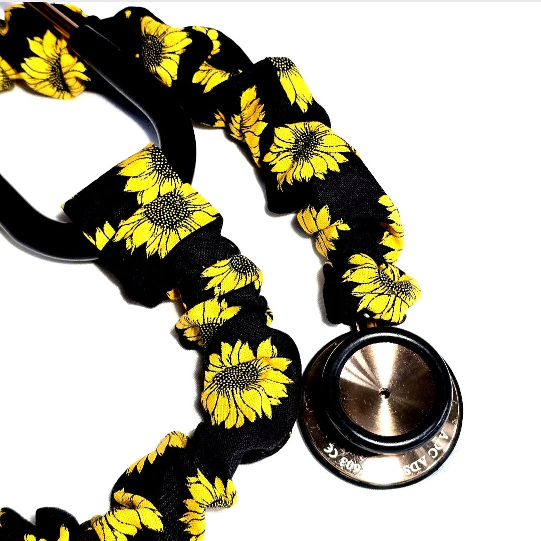 Sunflower Print Stethoscope Cover Scrunchie - Black & Yellow