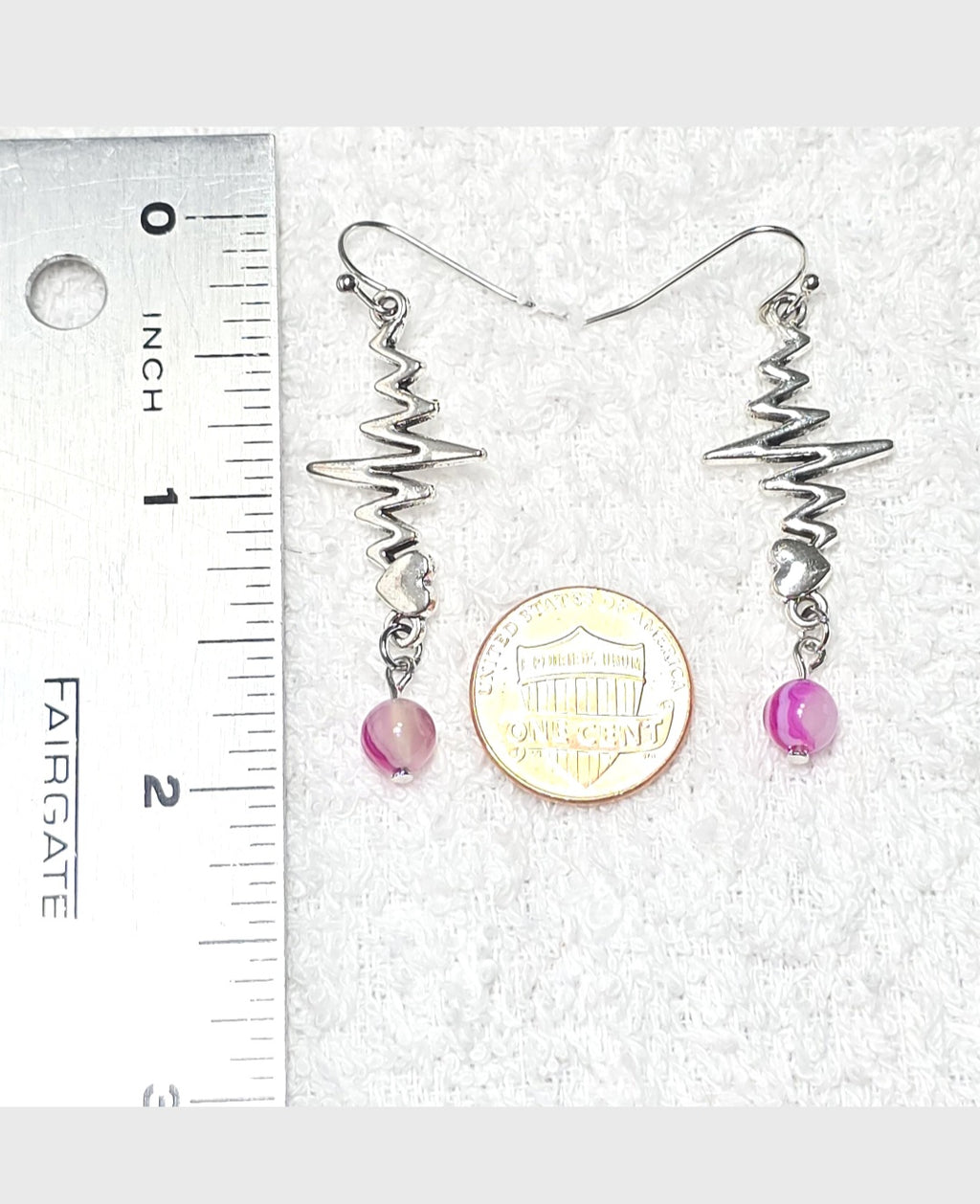 Dangling Earrings: Heartbeat  EKG, Stethoscope Design with Pink Agate Stone.. Nurse's Gift Idea under 50 dollars