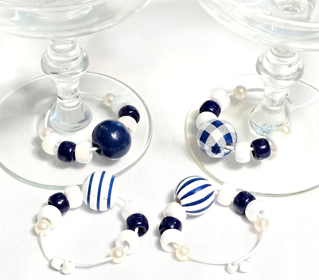 4 Blue and White Stripe Beach Nautical Coastal-themed Beaded Wine Glass Charms: Party or Bar Accessory