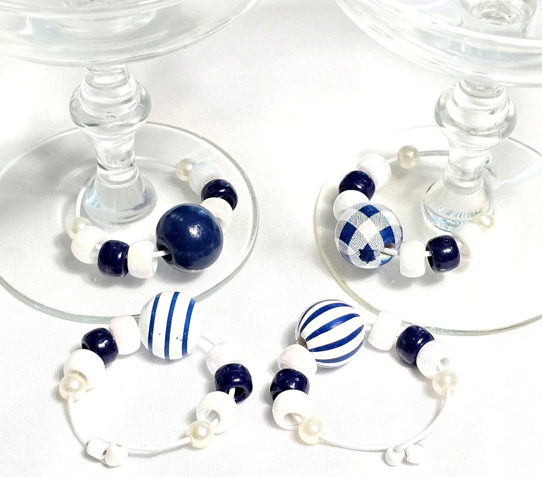 4 Blue and White Stripe Beach Nautical Coastal-themed Beaded Wine Glass Charms: Party or Bar Accessory