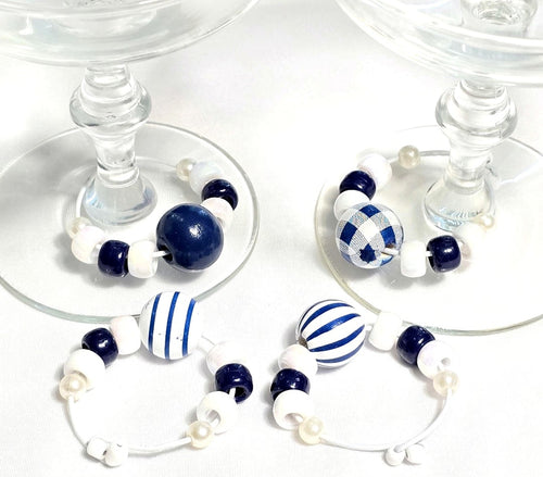 4 Blue and White Stripe Beach Nautical Coastal-themed Beaded Wine Glass Charms: Party or Bar Accessory