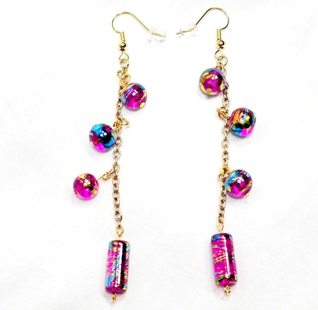 Handpainted Pink Murano Glass Drop Dangling Bohenian Artistic Earrings. One of a kind.