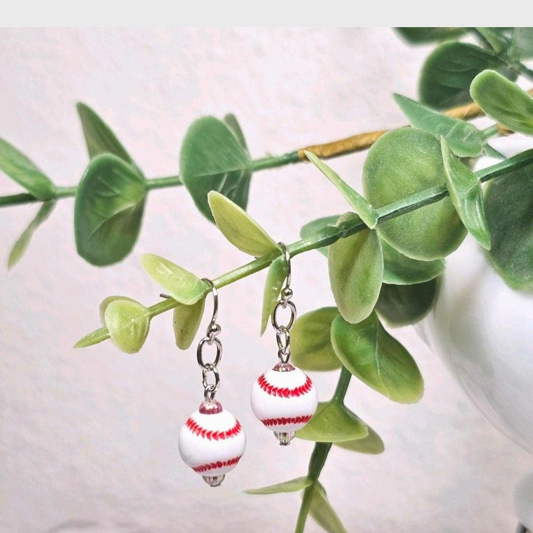 Baseball Acrylic Beaded Sporty Fasion Dangling Drop Earrings. Baseball player, fan, cheerleaders