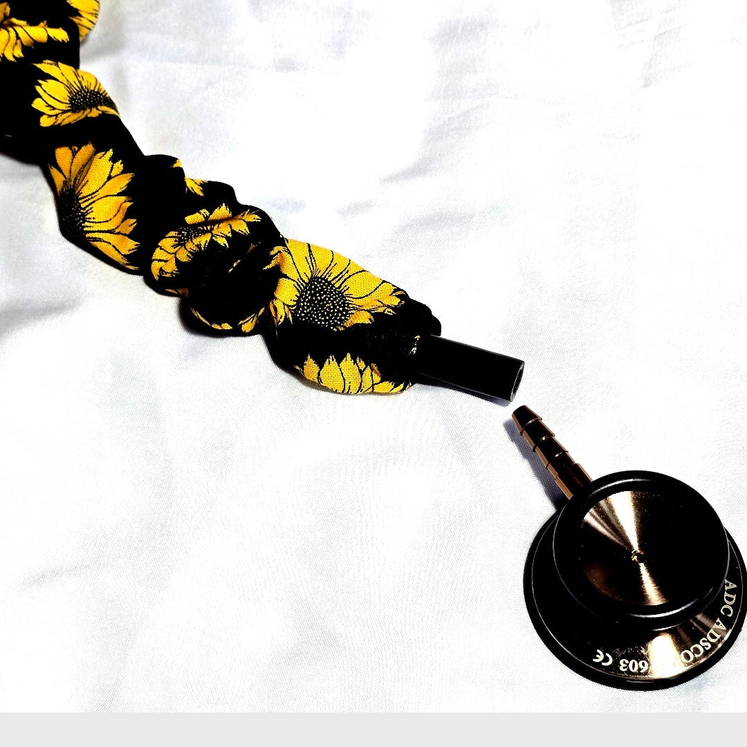 Sunflower Print Stethoscope Cover Scrunchie - Black & Yellow