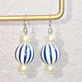 Handpainted Blue and White Stripe Wood Drop Dangling Bohemian Artistic Coastal Nautical Earrings