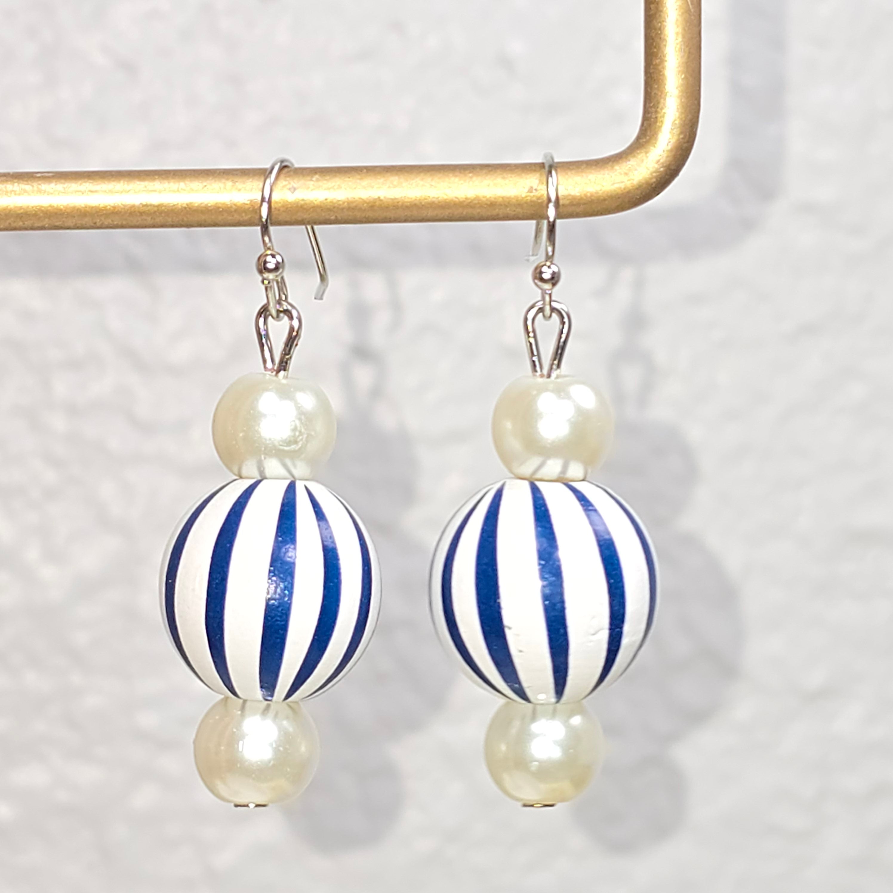 Handpainted Blue and White Stripe Wood Drop Dangling Bohemian Artistic Coastal Nautical Earrings