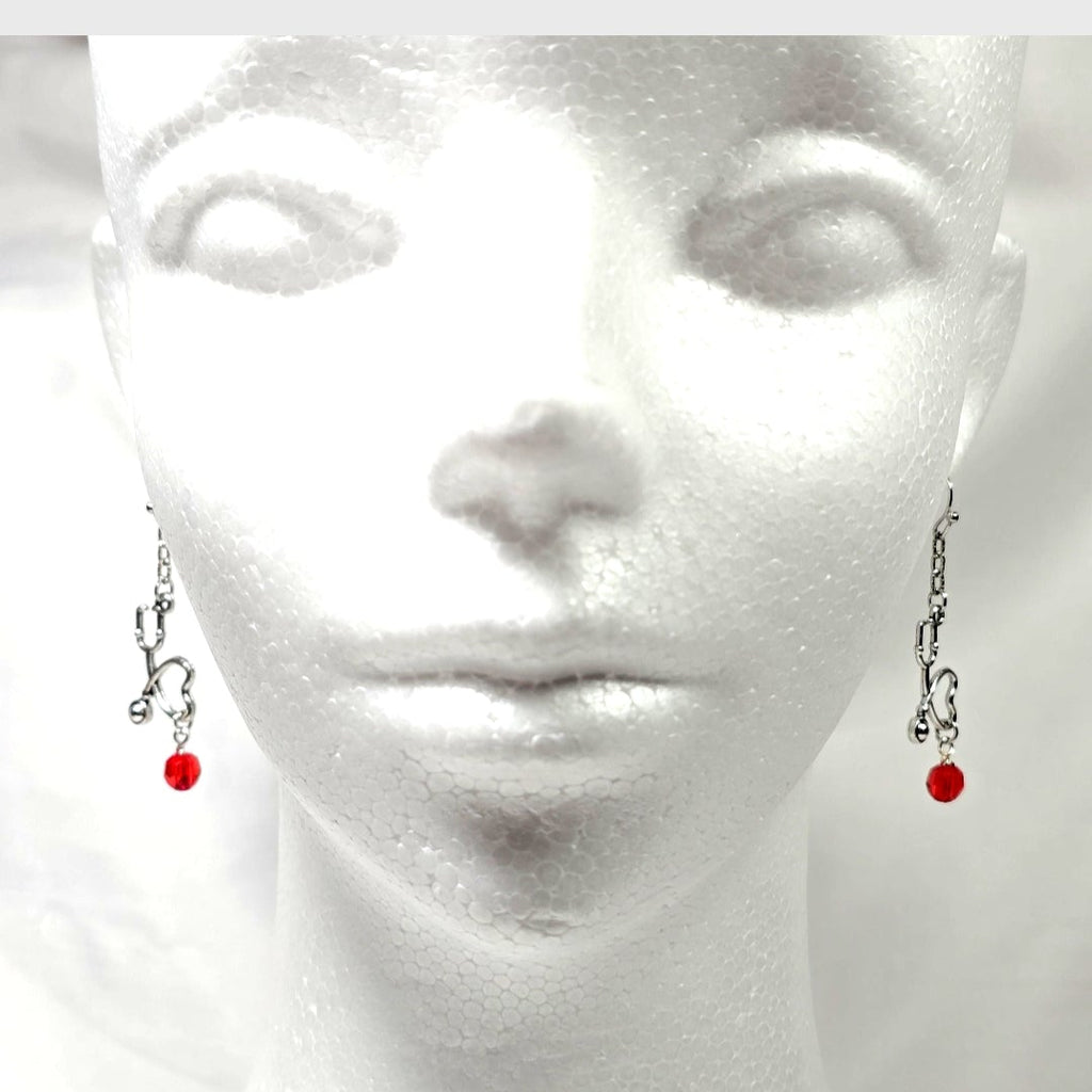 Silver Tone Stethoscope Dangling Earrings with Red Glass Bead: Nurse's Gift, Medical Professionals