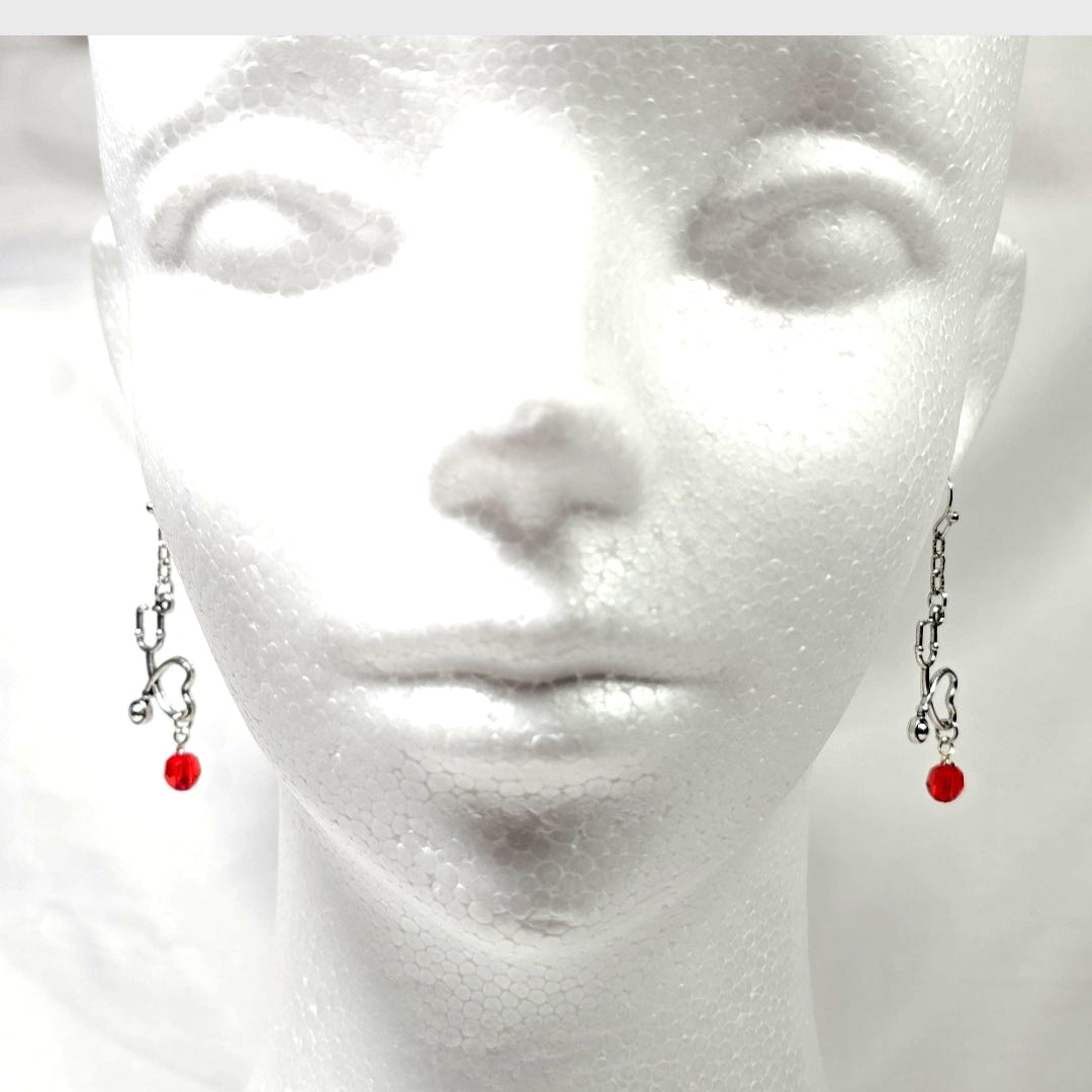 Silver Tone Stethoscope Dangling Earrings with Red Glass Bead: Nurse's Gift, Medical Professionals