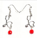 Silver Tone Stethoscope Dangling Earrings with Red Glass Bead: Nurse's Gift, Medical Professionals