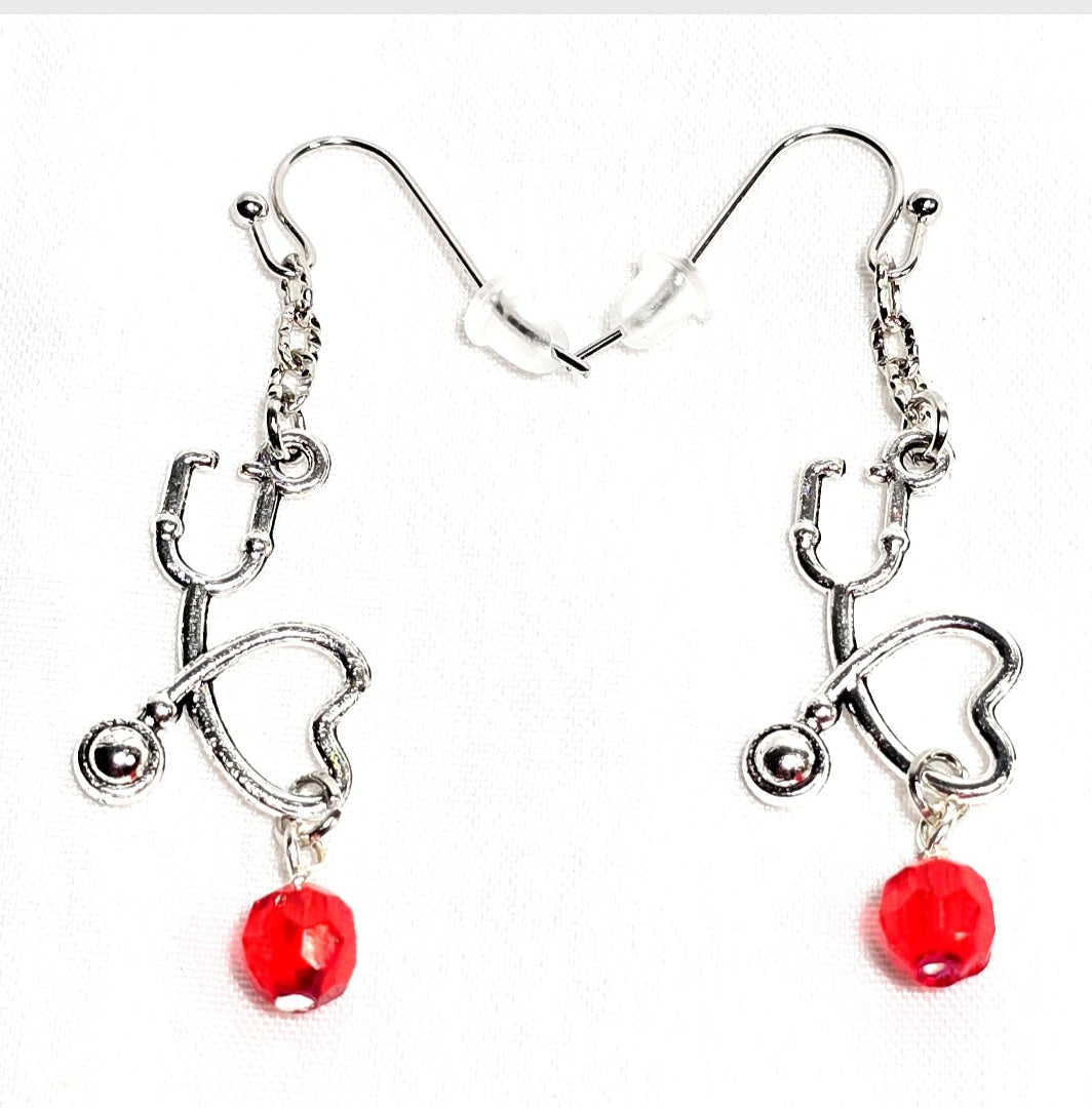 Silver Tone Stethoscope Dangling Earrings with Red Glass Bead: Nurse's Gift, Medical Professionals
