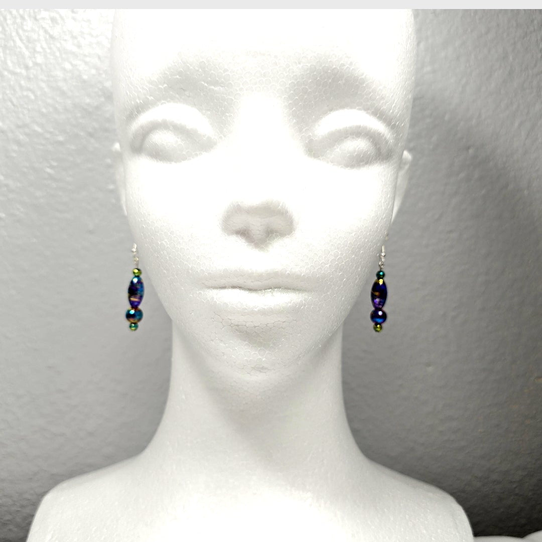 Multi-colored Purple Handpainted Murano Glass Drop Earrings with Gold Accents