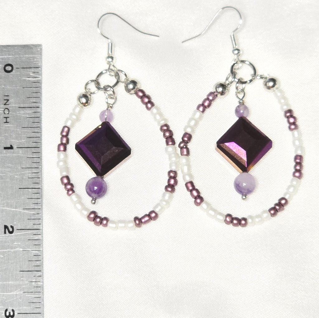 Handmade White and Purple Glass Beaded Teardrop Dangling Earrings : Artisan Unique Elegant Casual Boho-chic Eclectic, Amethyst