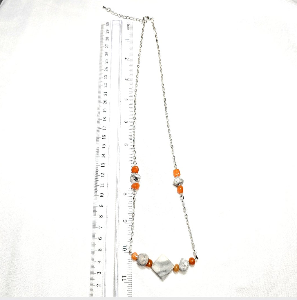 Handmade Gray Marble Pendant with Orange Carnelian stones on silver-tone chain. Y2K Bohenian Necklace Set. Neutral elegant versatile