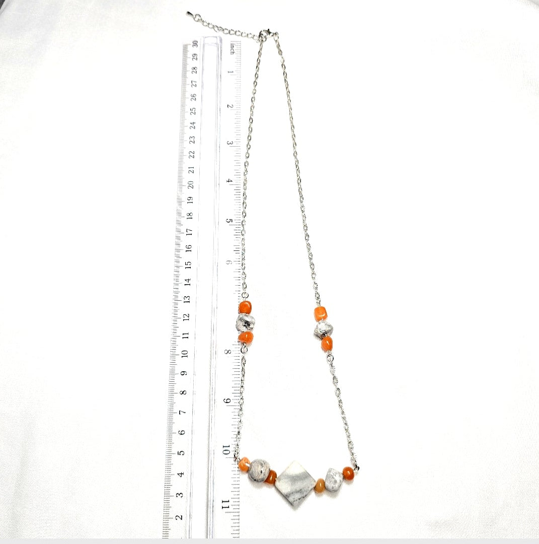 Handmade Gray Marble Pendant with Orange Carnelian stones on silver-tone chain. Y2K Bohenian Necklace Set. Neutral elegant versatile