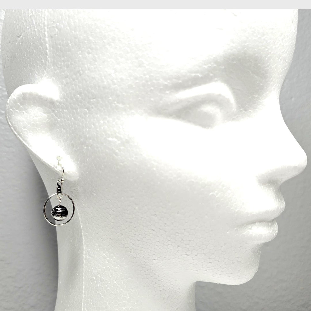 Handpainted Black Murano Glass Silver Hoop Drop Dangling Bohemian Artistic Earrings