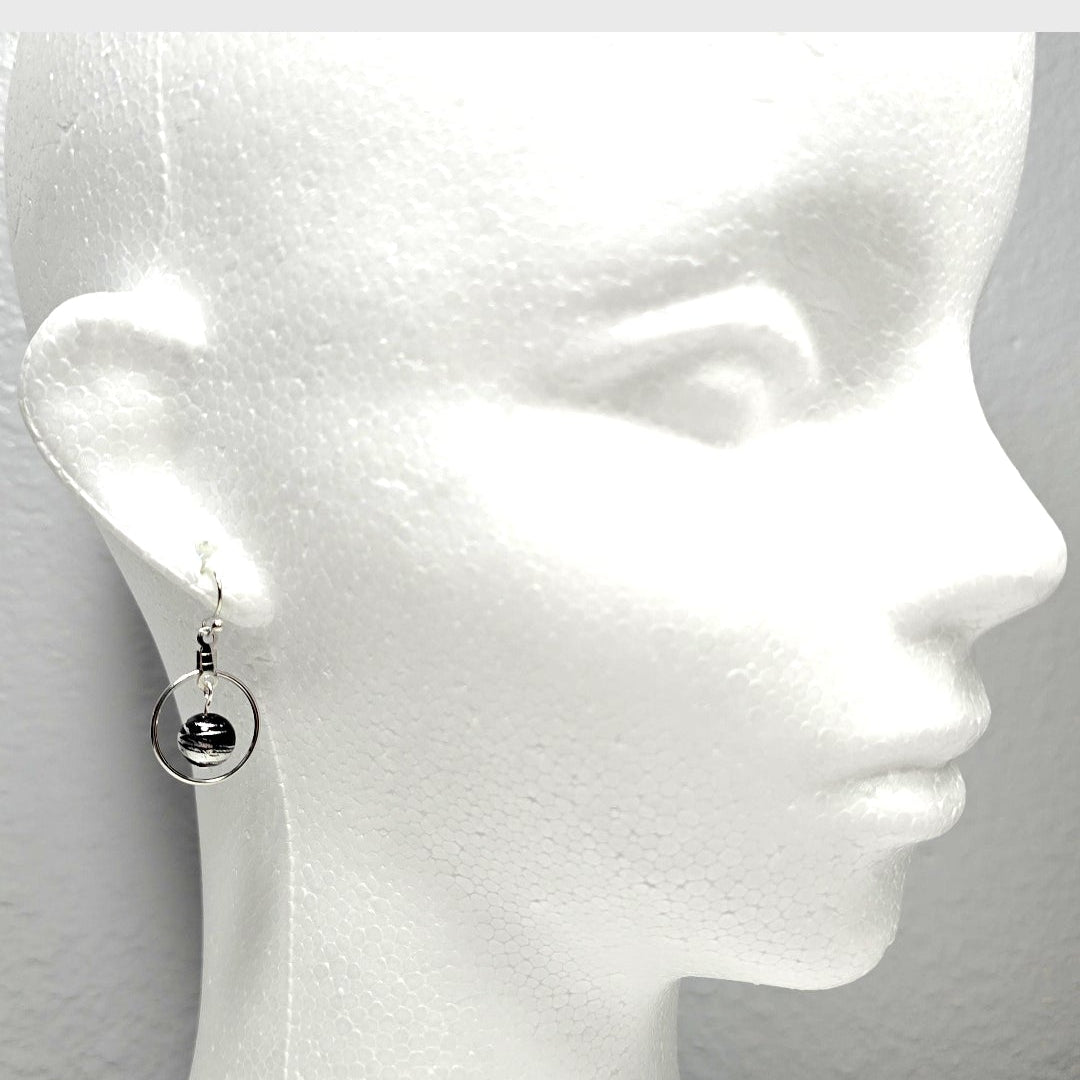Handpainted Black Murano Glass Silver Hoop Drop Dangling Bohemian Artistic Earrings