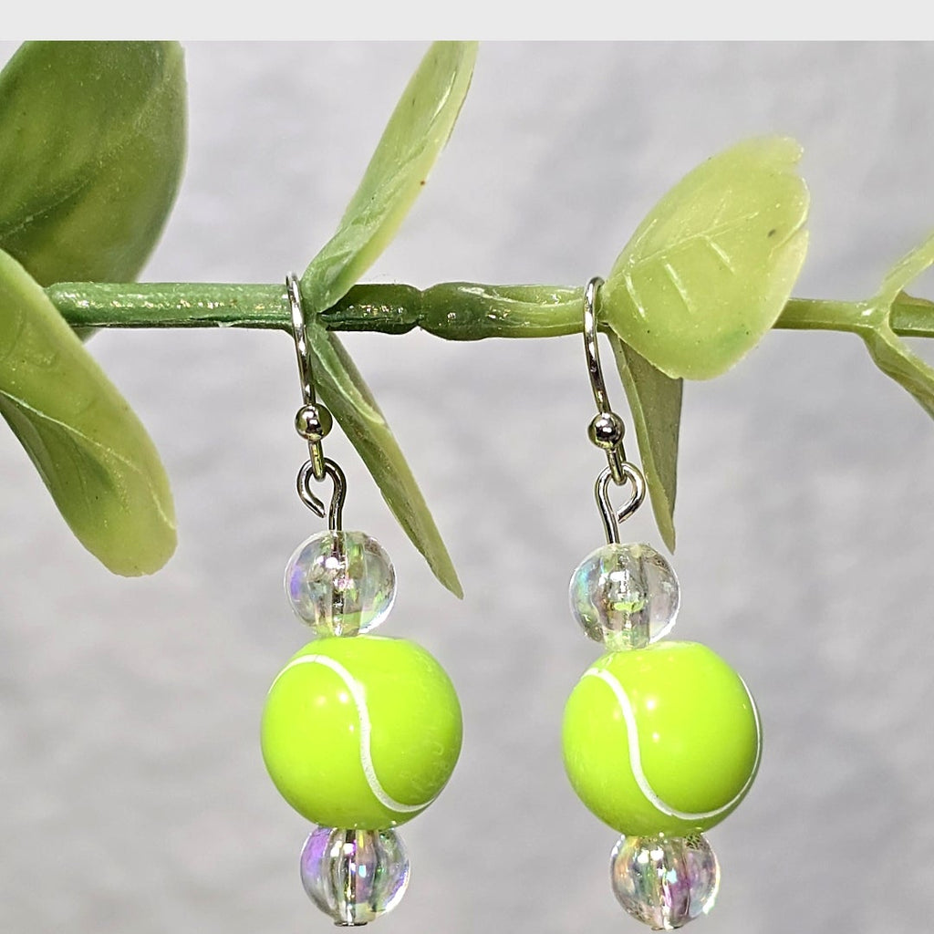 Neon Green Tennis Ball Acrylic Beaded Sporty Fasion Dangling Drop Earrings.