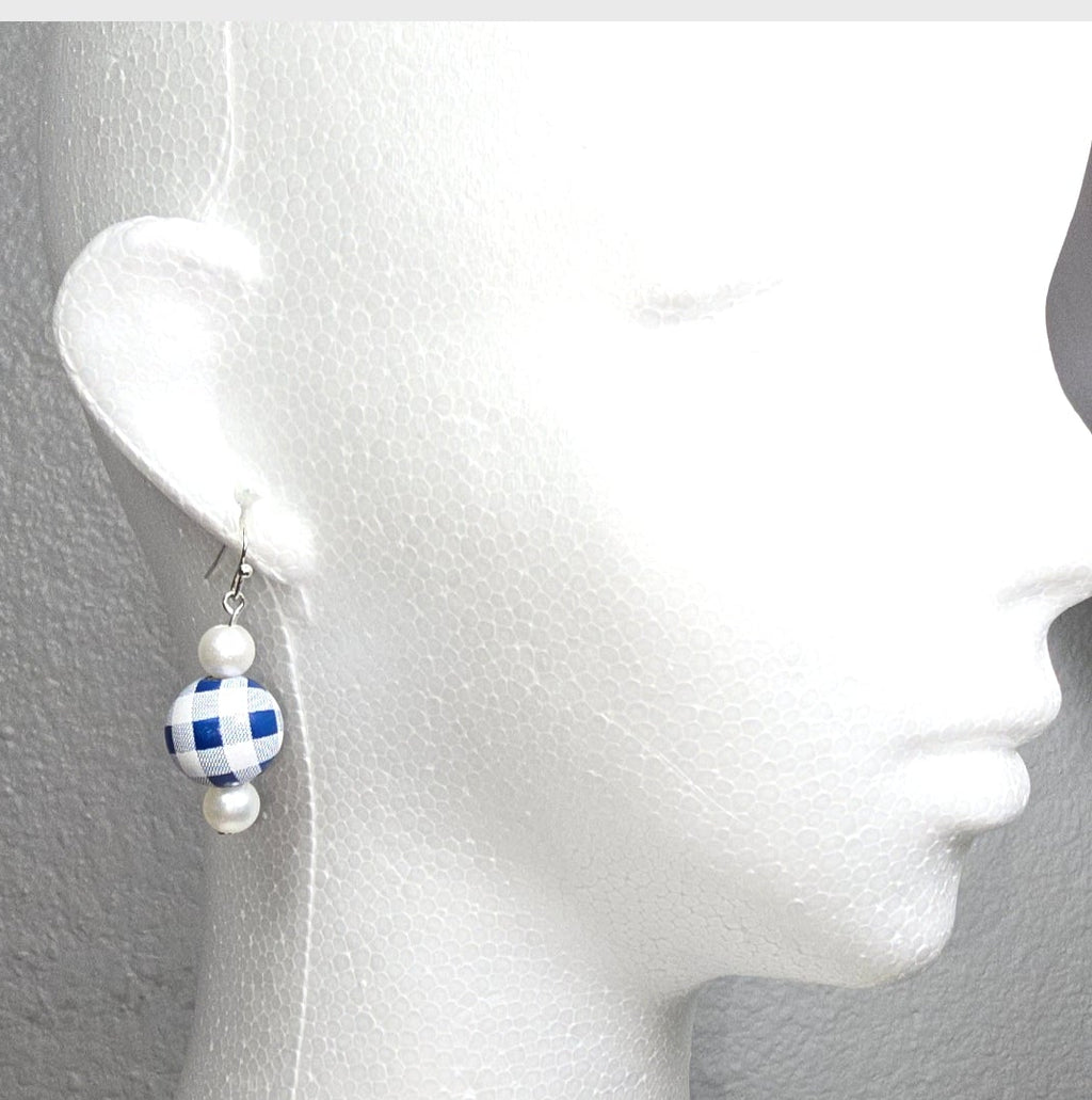 Handpainted Blue and White Gingham Wood Drop Dangling Bohemian Artistic Coastal Nautical Earrings