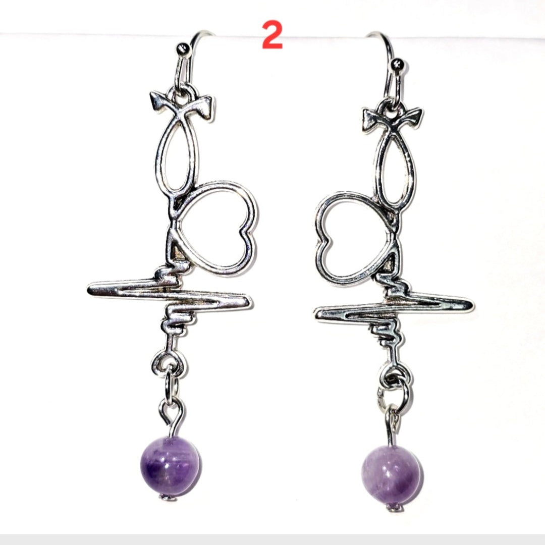 Nurse's Gift. Healthcare Professionals:  Amethyst Dangling Earrings. Heartbeat  EKG, Stethoscope