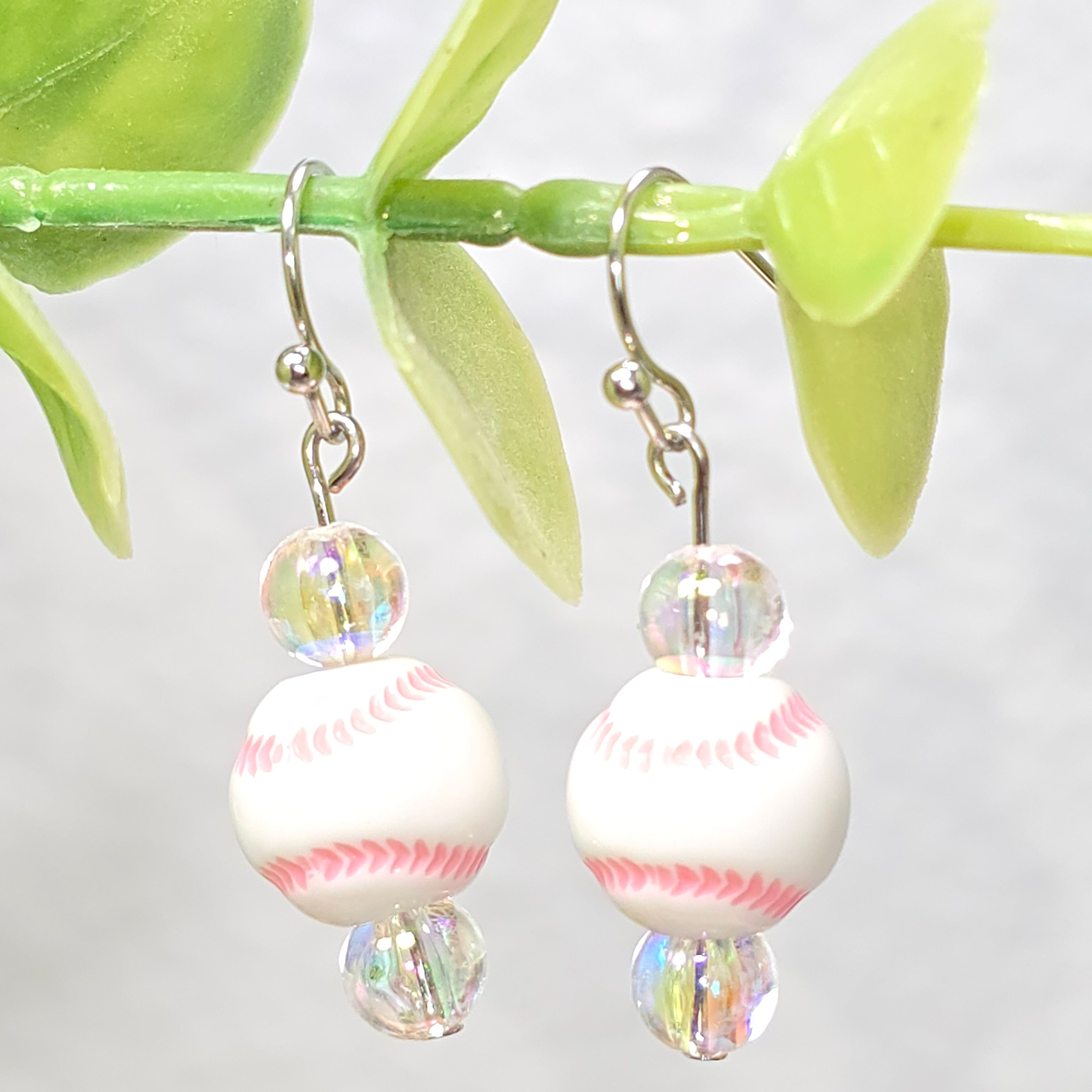 Pink Baseball Acrylic Beaded Sporty Fashion Dangling Drop Earrings. Baseball player, fan, cheerleaders , mom